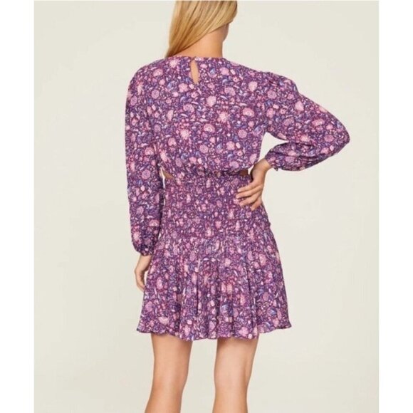 Maje Floral Mini Dress Size 38 UK 10 $445 Purple Georgette Smocked Cut Out Boho - Picture 5 of 16